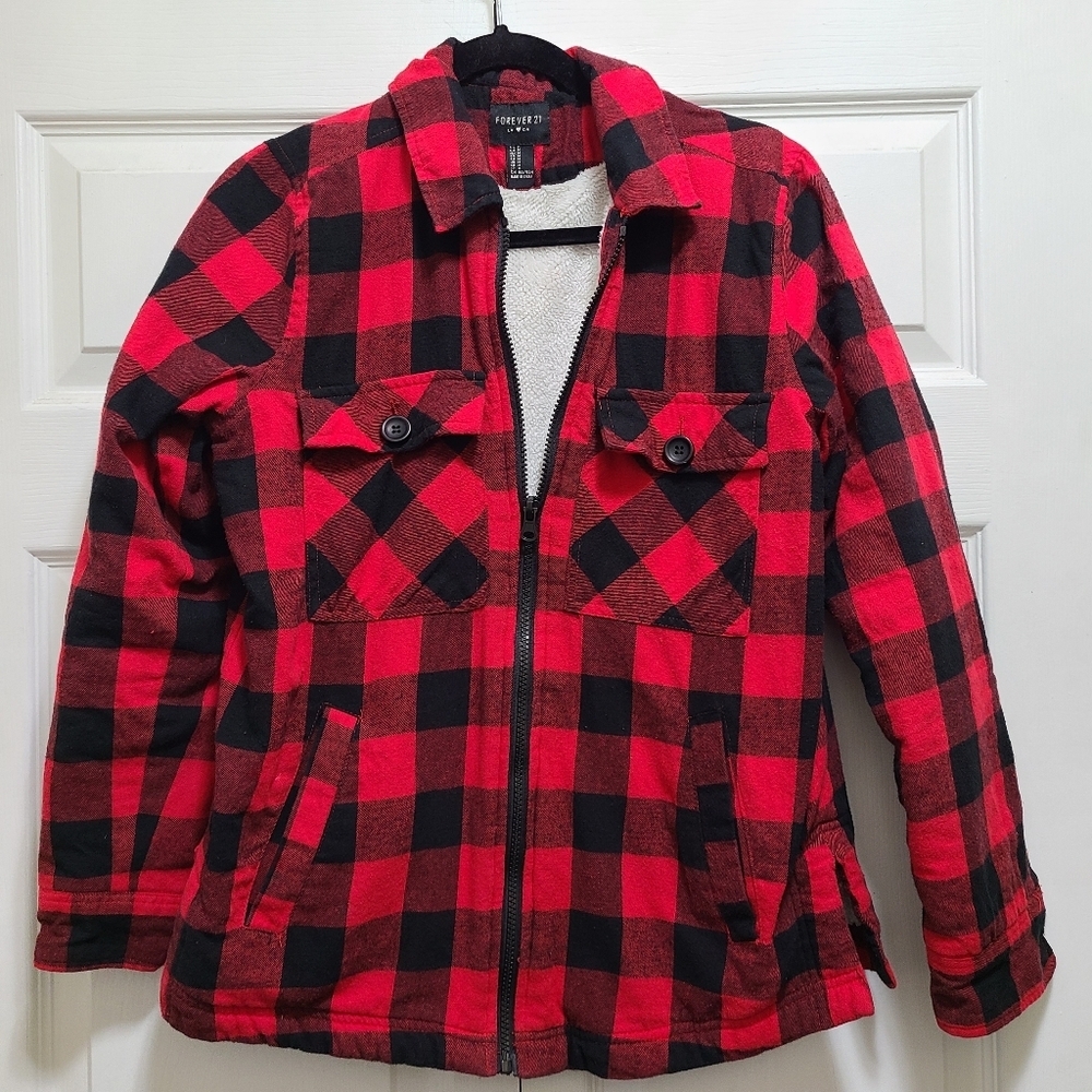 Forever 21 Black Red Buffalo Plaid Fleece Zipper Jacket Coat Shirt Women's M